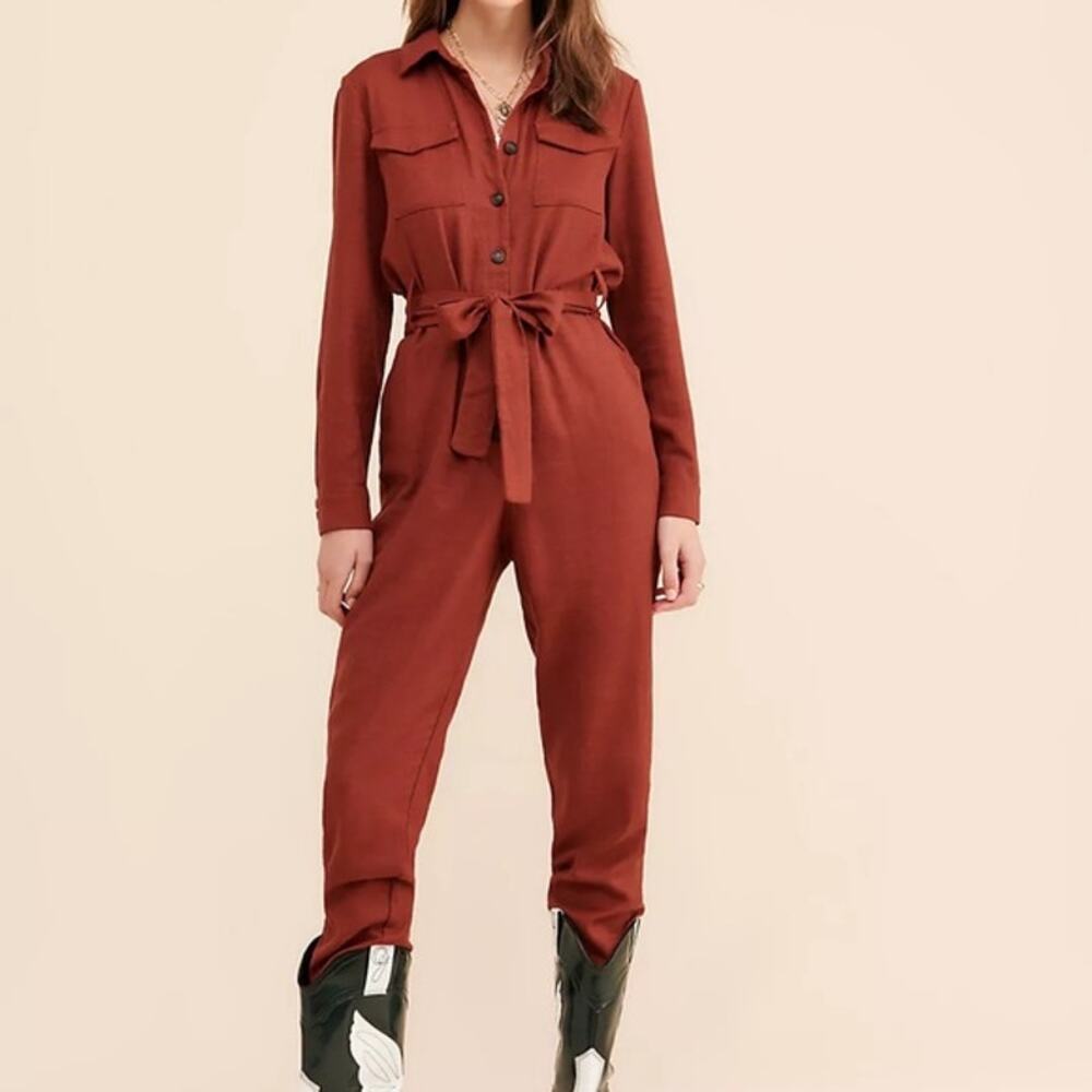 Anthropologie Six Crisp Days Rust 3/4 Sleeve Button Down Belted Linen Jumpsuit S